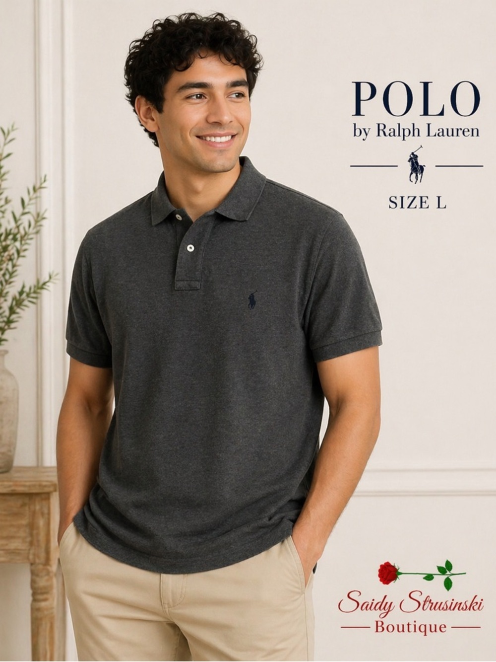 POLO by RALPH LAUREN 100%cotton men short sleeve gray polo shirt/size L